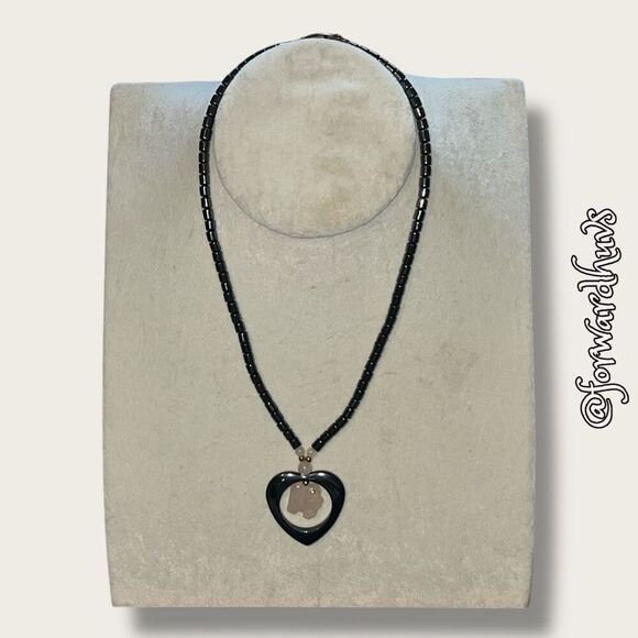 Rose Quartz Cut Out Heart Hematite Gemstone Necklace with Elephant - Picture 3 of 9
